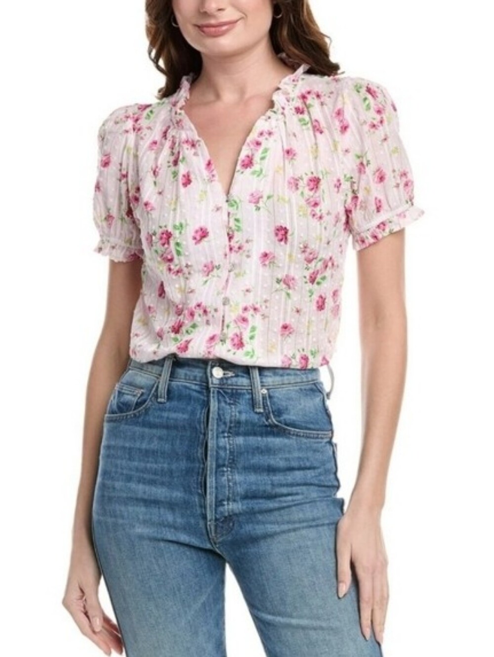 NANETTE LEPORE Cottagecore Pink Swiss Dot Romantic Cotton Floral Blouse Size XL